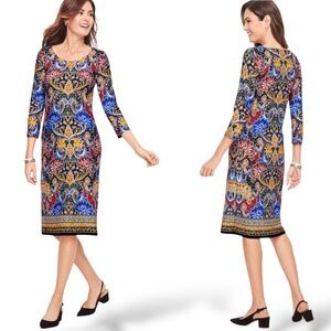 TALBOTS  Paisley Print 3/4 Sleeve Jersey Knit Sheath Dress Popover Style Sz LP